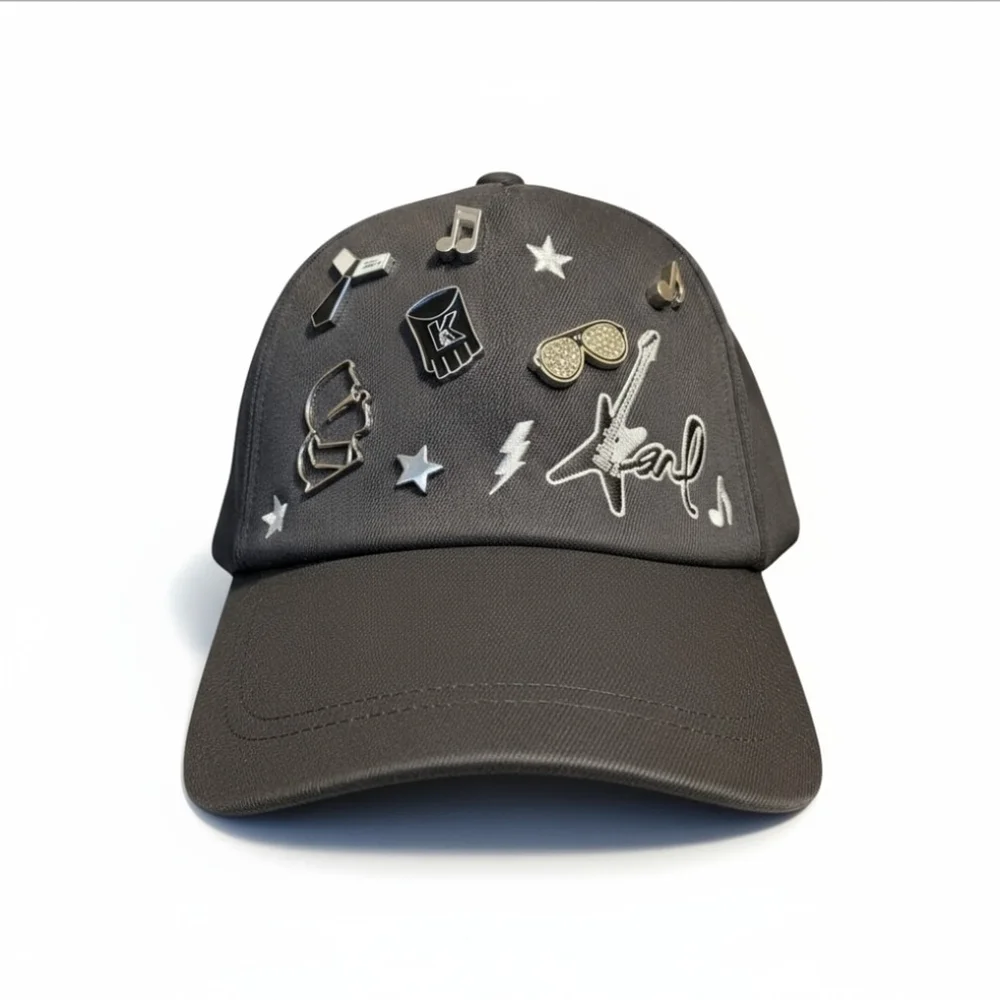 Karl Lagerfeld Rock and Roll Embellished Baseball Hat Cap Beanie - Black - Picture 4 of 16